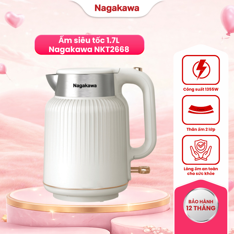 Bình đun nước siêu tốc 1.7L Nagakawa 2 lớp NKT2668, nhựa cao cấp & inox 304, rơ le kép an toàn, bảo 