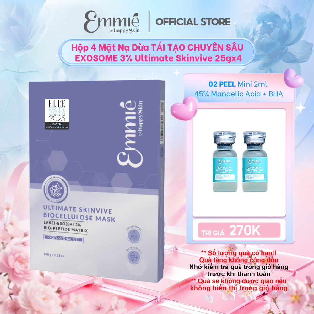 Hộp 4 Mặt nạ Phôi dừa Tái Tạo Chuyên Sâu 3% Exosome Ultimate Skinvive Biocellulose Mask 25gx4 Emmie 