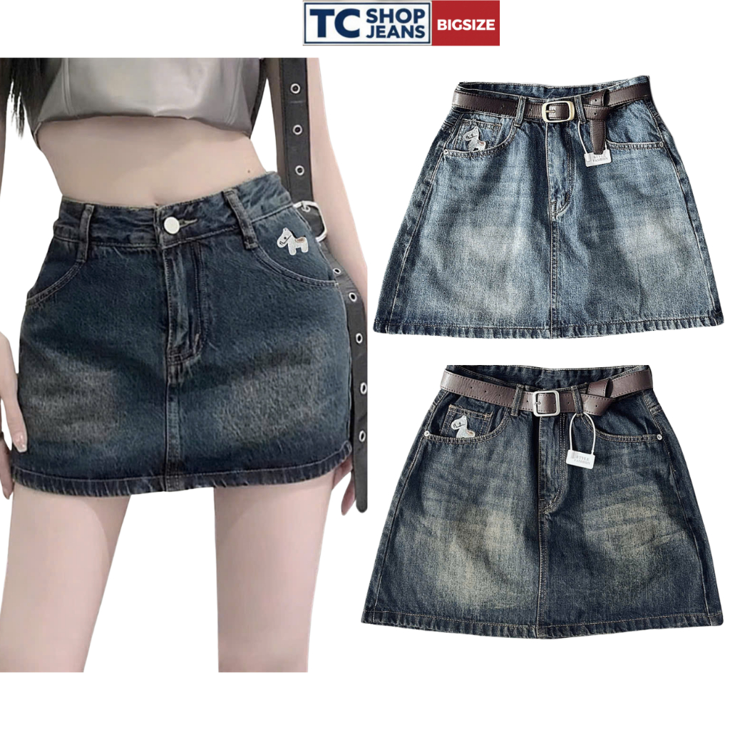 Chân váy jean nữ dáng chữ a thêu ngựa trắng có lót TC SHOP JEANS bigsize 55-90kg chất jean mềm MS 21