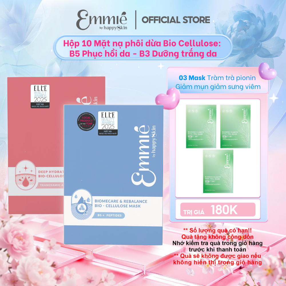 Hộp 10 mặt nạ sinh học phôi dừa Bio Cellulose B5 Phục hồi da B3 Dưỡng trắng da 25gx10 Emmie by Happy