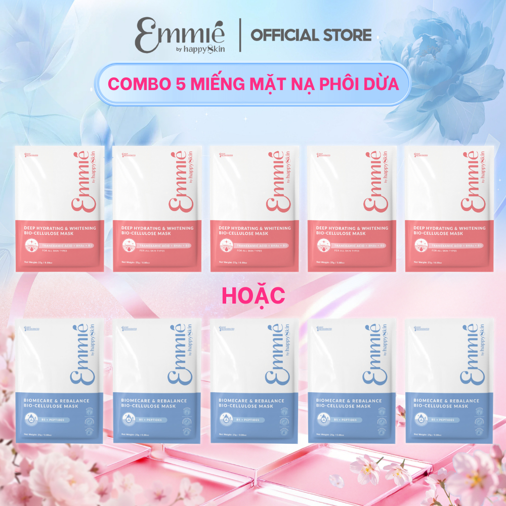 COMBO Trải nghiệm 5 Mặt nạ phôi dừa Emmie 5 mask Phục hồi B5 HOẶC 5 mask Dưỡng trắng B3  25gx5 Emmie
