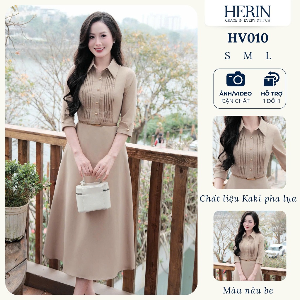 [TẶNG ĐAI]Váy nữ thiết kế tay lửng xếp ly ngực dáng A thanh lịch chất kaki pha lụa phong cách thanh 