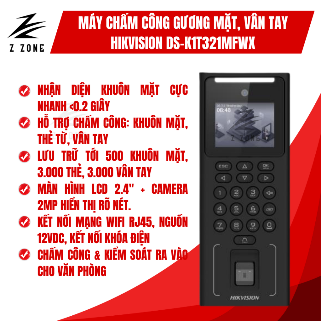 Máy Chấm Công Gương Mặt Hikvision DS-K1T321MFWX Wifi, Vân Tay, Thẻ Từ