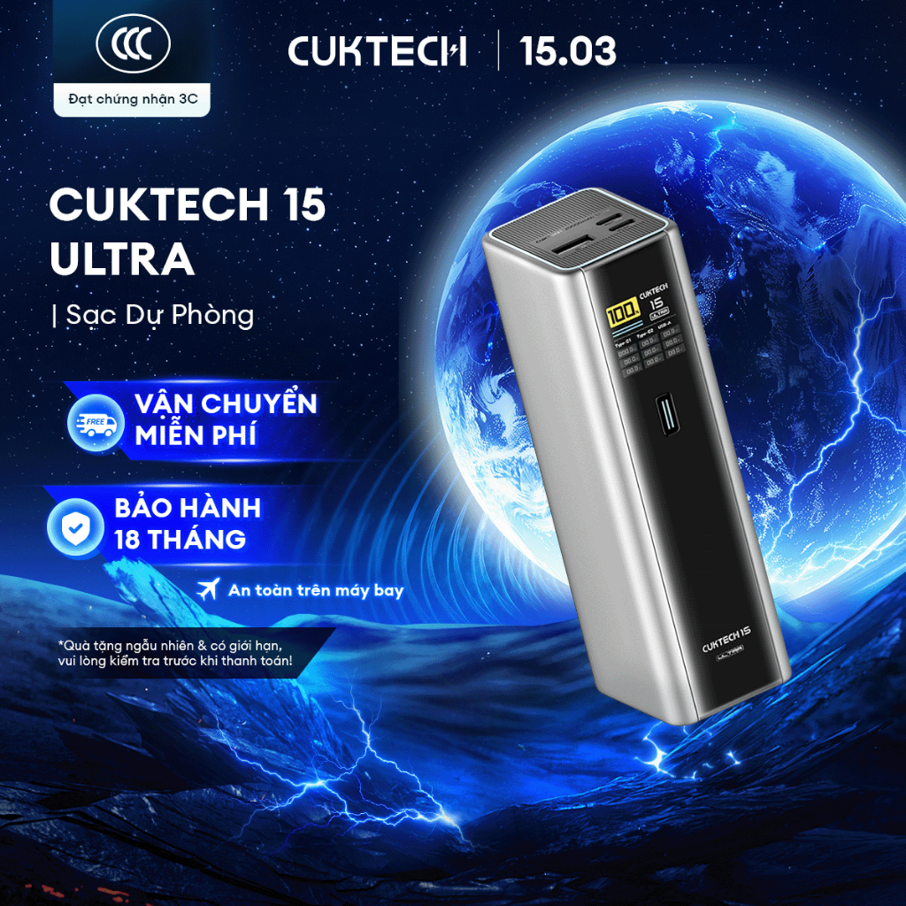 CUKTECH 15 ULTRA Sạc Di Động 2C1A | Công Suất 210W Max | Dung Lượng 20.000mAh | Bảo Hành 18 Tháng PB200U