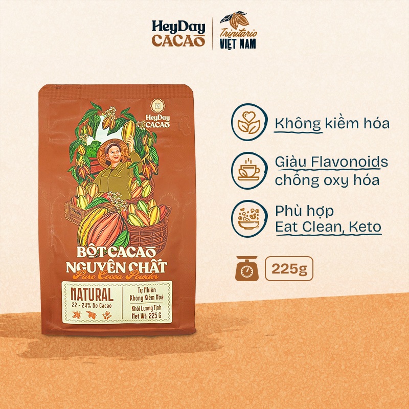 Bột cacao nguyên chất 100% không đưuờng - Dòng Natural thuần tự nhiên, không kiềm hoá - Túi zip 225g