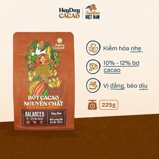 Bột cacao nguyên chất 100% không đường - Dòng Balanced phổ thông - Túi zip 225g - 10%-12% bơ cacao tự nhiên - Heyday