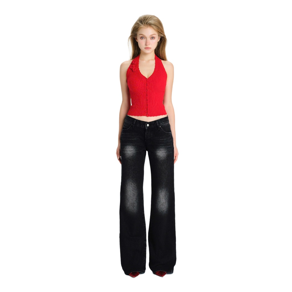 LSOUL Áo Len Gân Cổ Yếm Đính Hoa Yoha Top + Quần Jeans Ống Loe Wash Cá Tính Diva Pants A26032889