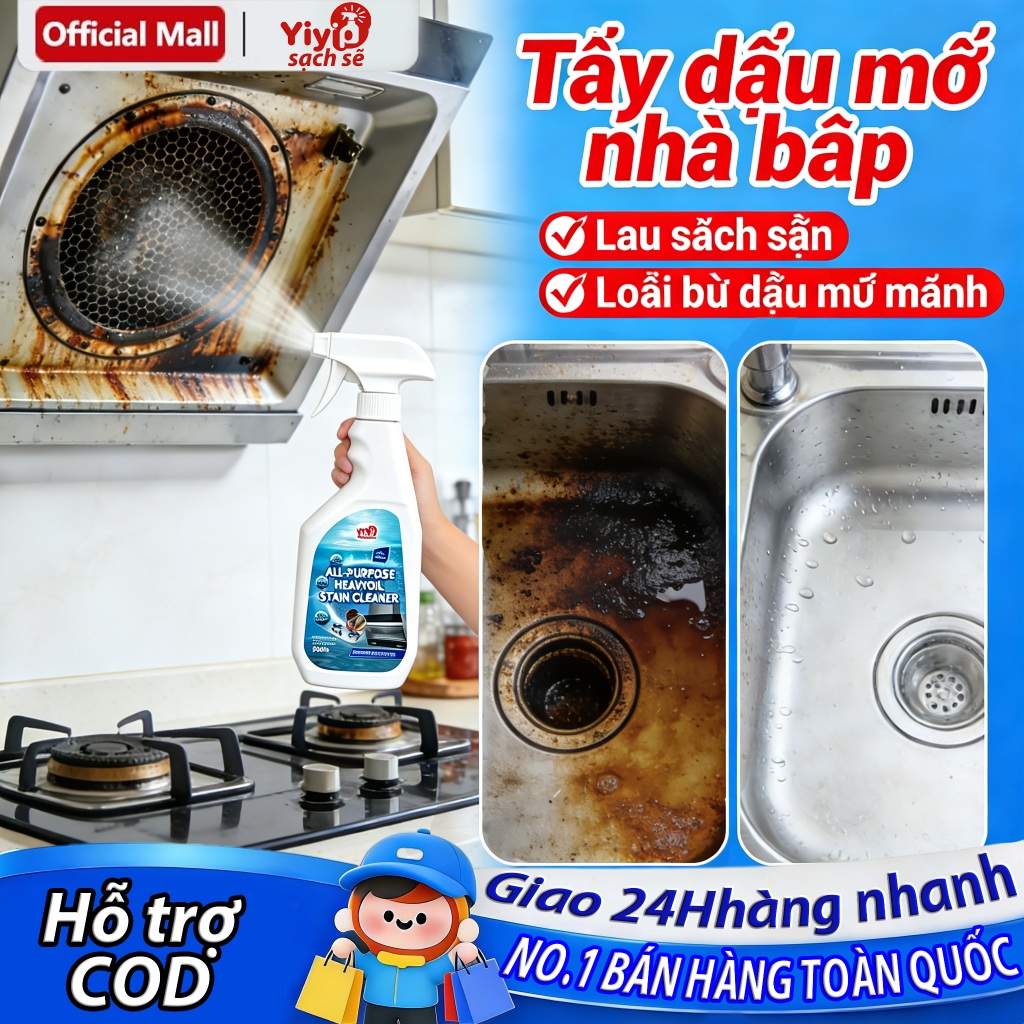 Chai tẩy dầu mỡ đa năng Yiyi 500ml – Dạng xịt tiện lợi, làm sạch bếp gas, bếp từ, đáy xoong chảo và máy hút mùi