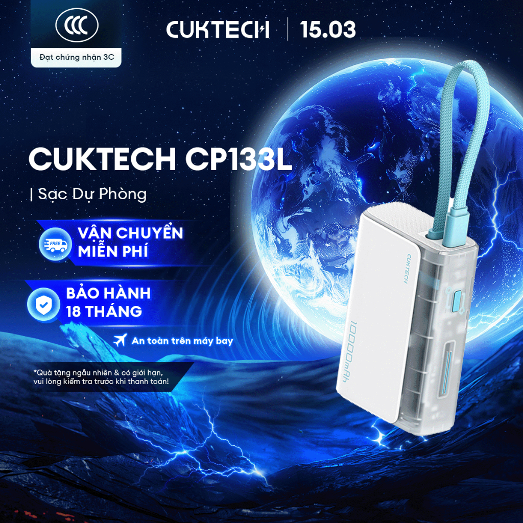 CUKTECH CP133L Sạc Di Động Kèm Cáp | Sạc Nhanh 33W Max | Dung Lượng 10.000mAh | Bảo Hành 18 Tháng LPB100 | BigBuy360 - bigbuy360.vn