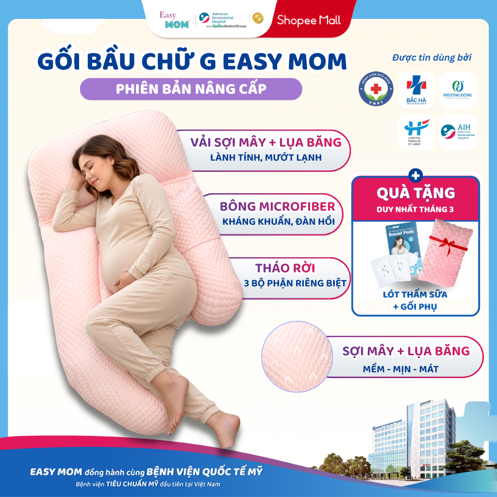 Gối Bầu Chữ G Nằm Mát Easy MOM - Vỏ Điều Hòa Có Hạt Massage Giúp Mẹ Bầu Giảm Đau Lưng, Ngủ Ngon Không Nóng (Nâng Cấp)