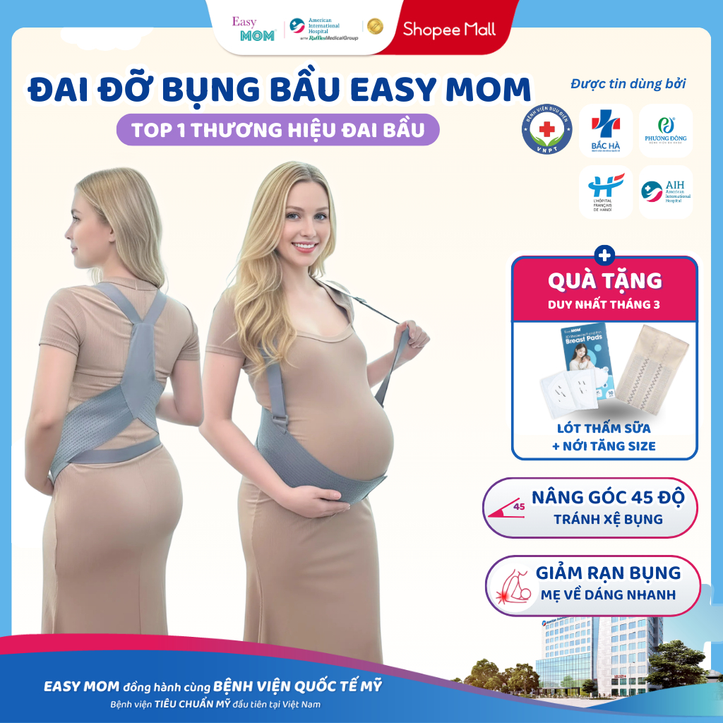 Đai Đỡ Bụng Bầu Easy MOM Cao Cấp Co Giãn 4 Chiều Thoáng Khí Giảm Đau Lưng, Tránh Rạn Bụng, Bảo Vệ Cột Sống Cho Mẹ