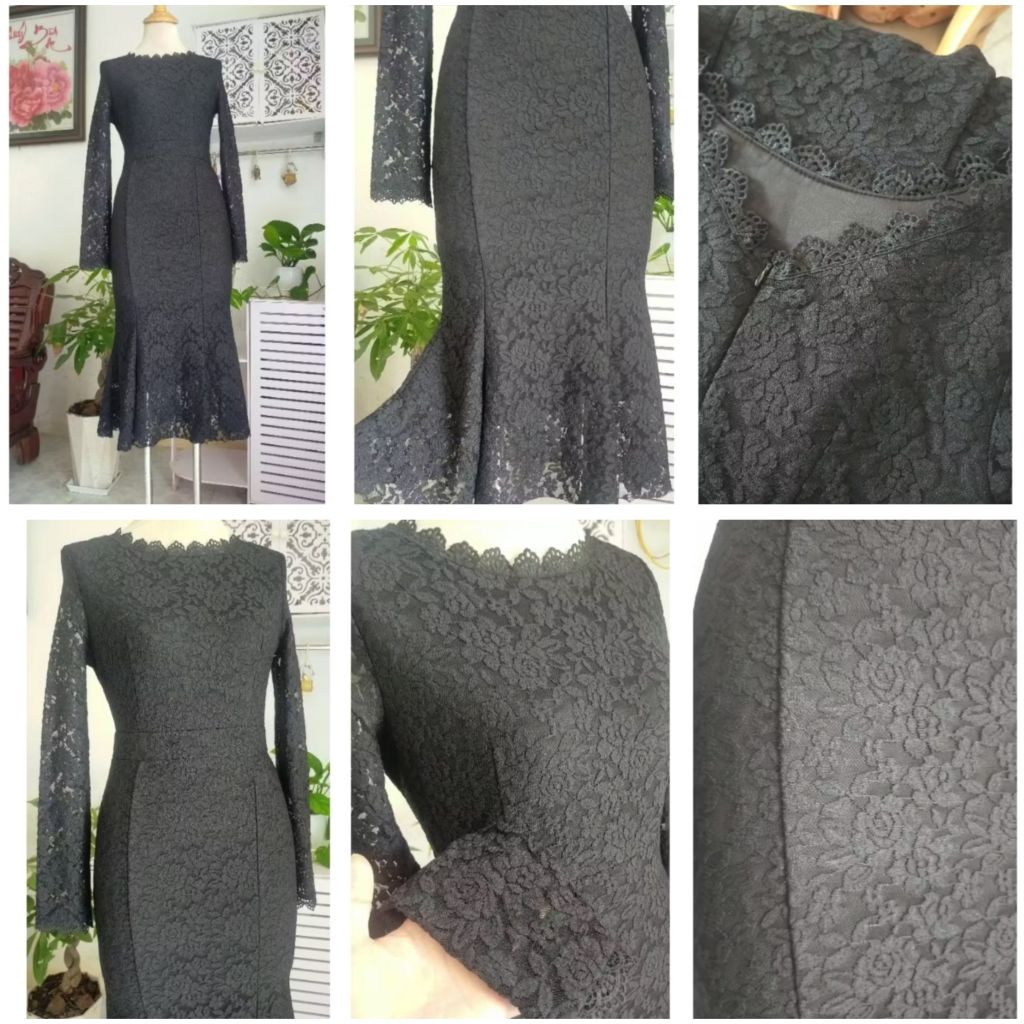 D001#Đầm ren đen tay dài dáng ôm đuôi cá – váy dự tiệc sang trọng form chuẩn