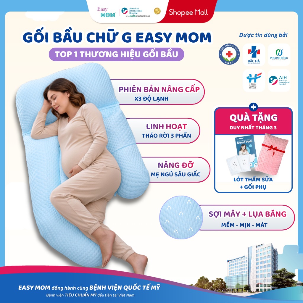 Gối Cho Bà Bầu Chữ G Easy MOM Nâng Đỡ Toàn Thân Giúp Giảm Đau Lưng, Kê Bụng Bầu Cho Mẹ Ngủ Ngon