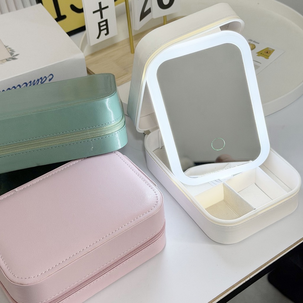 [Life Kizuna]LED makeup bag with mirror, an exquisite jewelry pouch with compartments, easy to carry