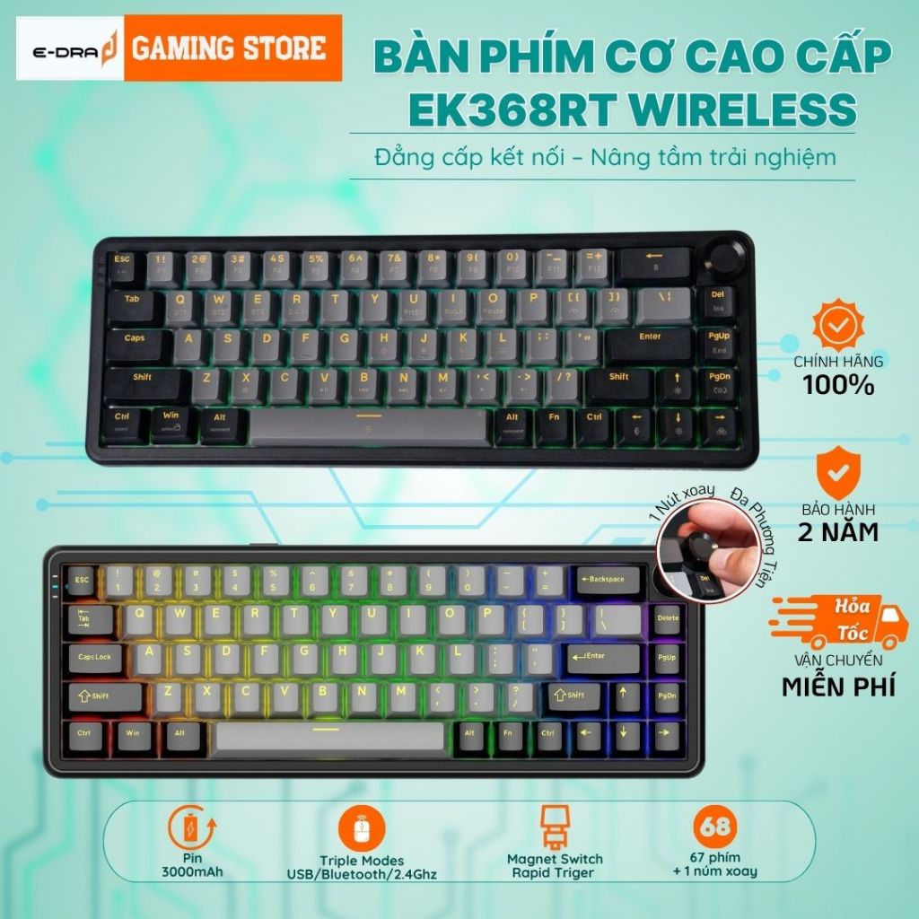 Bàn Phím Cơ Không Dây E-DRA EK368RT Triple Modes Switch nam châm Rapid Triger Wireless BH Chính Hãng