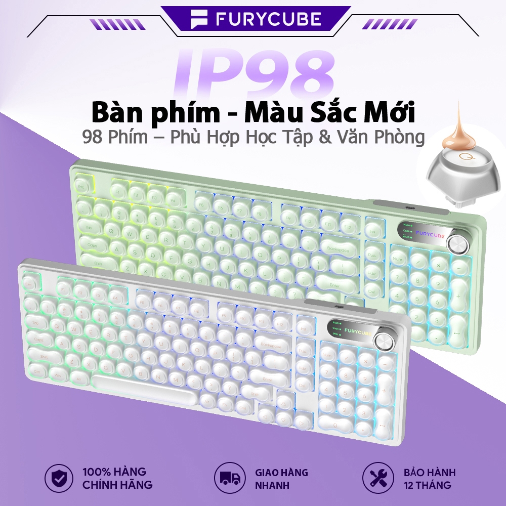 Bàn Phím Có Dây FURYCUBE IP98, 98 Phím, LED RGB, Keycap Bán Trong Suốt, Phù Hợp Văn Phòng & Học Tập