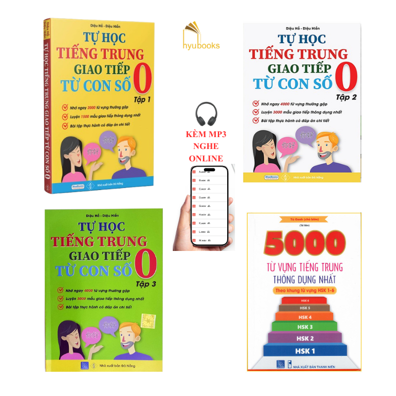 Sách-Combo: Tự học tiếng trung giao tiếp từ con số 0 tập 1+2+3 và 5000 Từ Vựng HSK1- HSK6+KÈM MP3 NG