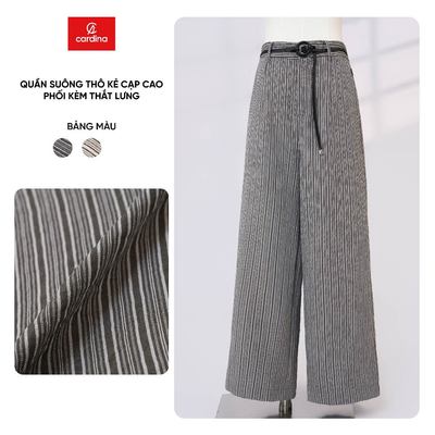 Quần dài kẻ nữ CARDINA Chất liệu thô kẻ cạp cao phối kèm dây đai trang trí 6QDT02