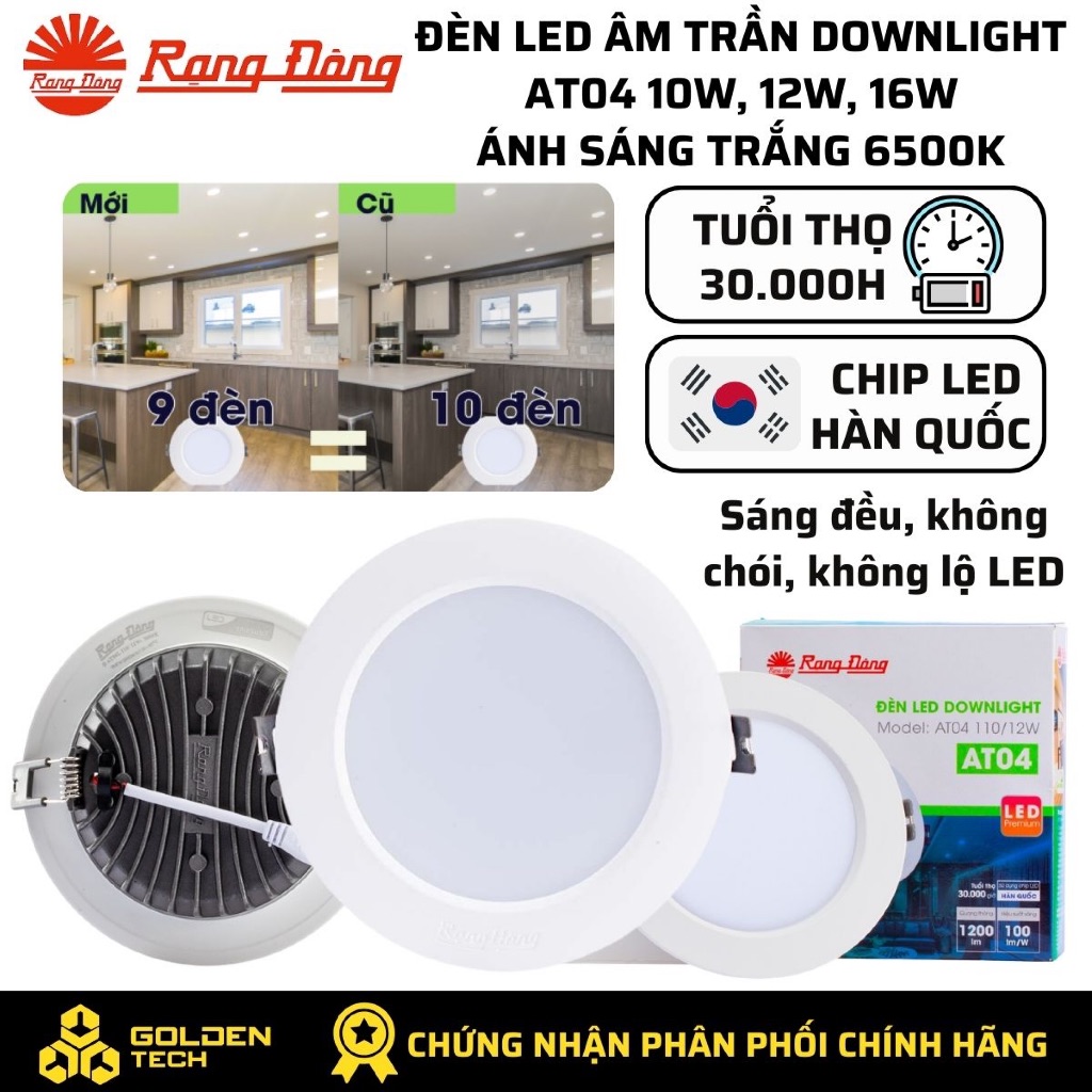 Đèn LED âm trần Downlight Rạng Đông 10W, 12W, 16W Ánh sáng Trắng 6500K Đế nhôm AT04