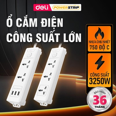 Ổ Cắm Điện DELI Công Suất Lớn 3250W Tích Hợp Cổng Sạc USB Tiết Diện Lõi Đồng 3x1.25mm2 Đa Năng