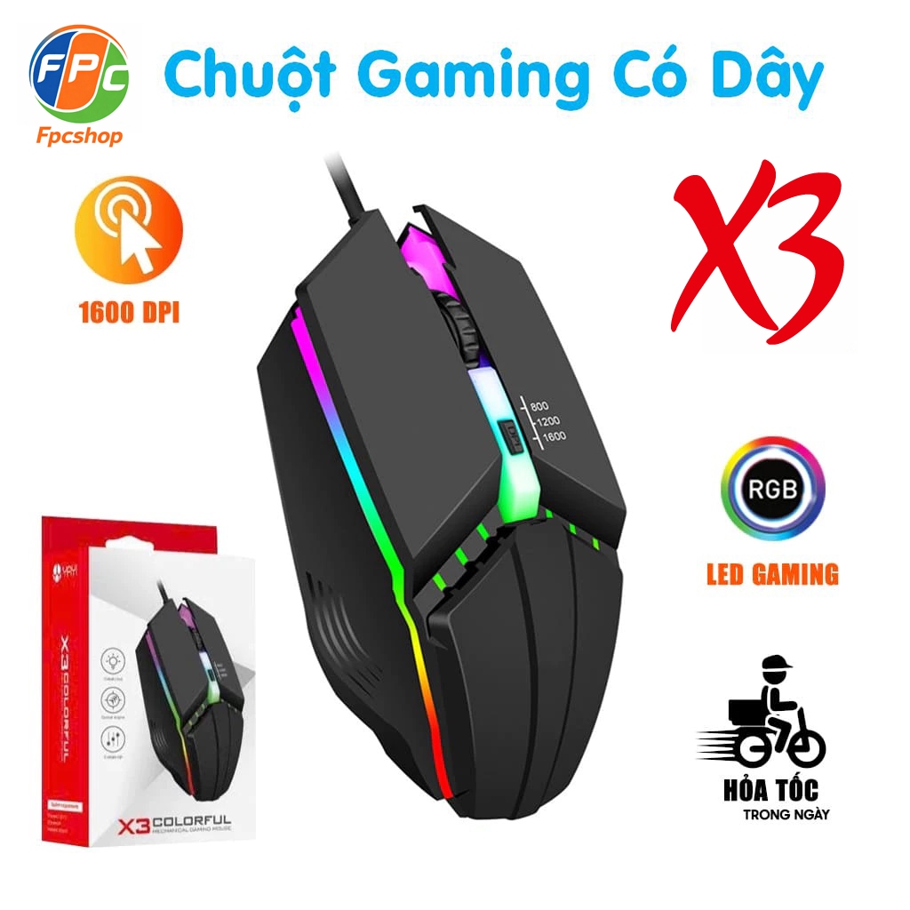 Chuột có dây Gaming X3 1600 DPI USB Led RGB đổi màu chuột máy tính văn phòng chơi game giá rẻ