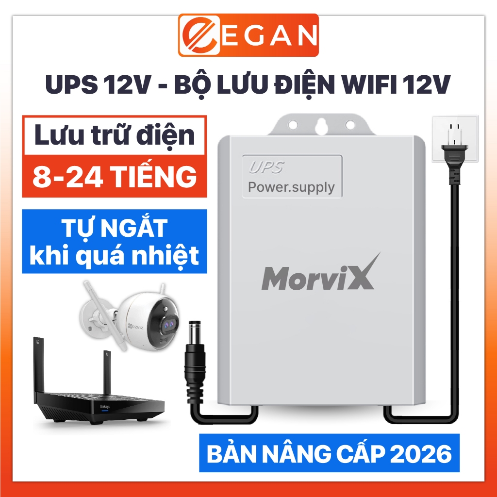 Bộ lưu điện 12V lưu điện wifi và camera ngoài trời MORVIX, ups wifi 12v trữ điện từ 8-12H