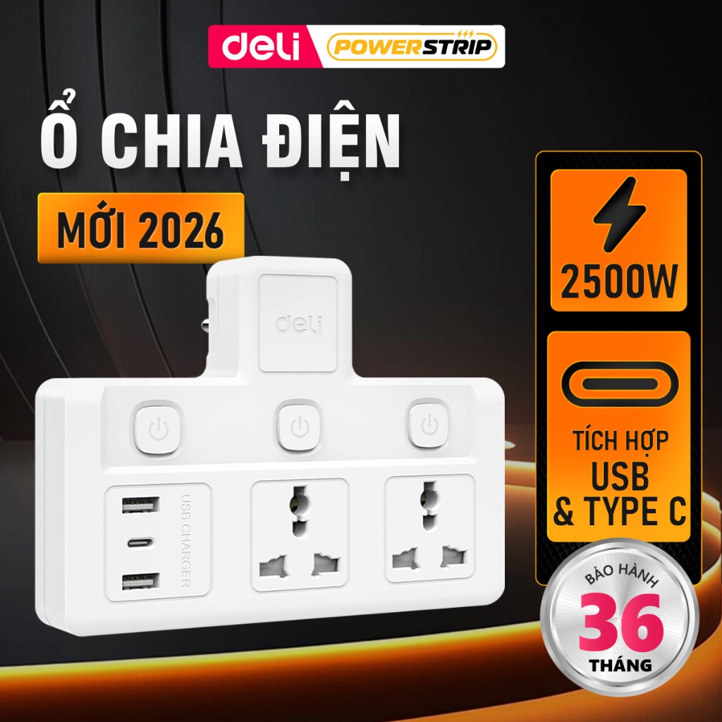 [HOẢ TỐC] Ổ Cắm Chia Điện Deli, Ổ Cắm Chữ T 2500W Tích Hợp Cổng USB &TypeC Cải Tiến Sạc Nhanh Tiện L