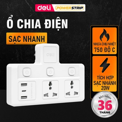 Ổ Cắm Chia Điện Deli, Ổ Cắm Chữ T Nhiều Nguồn Sạc Nhanh PD 20W Chân Cắm Tiêu Chuẩn Châu Âu