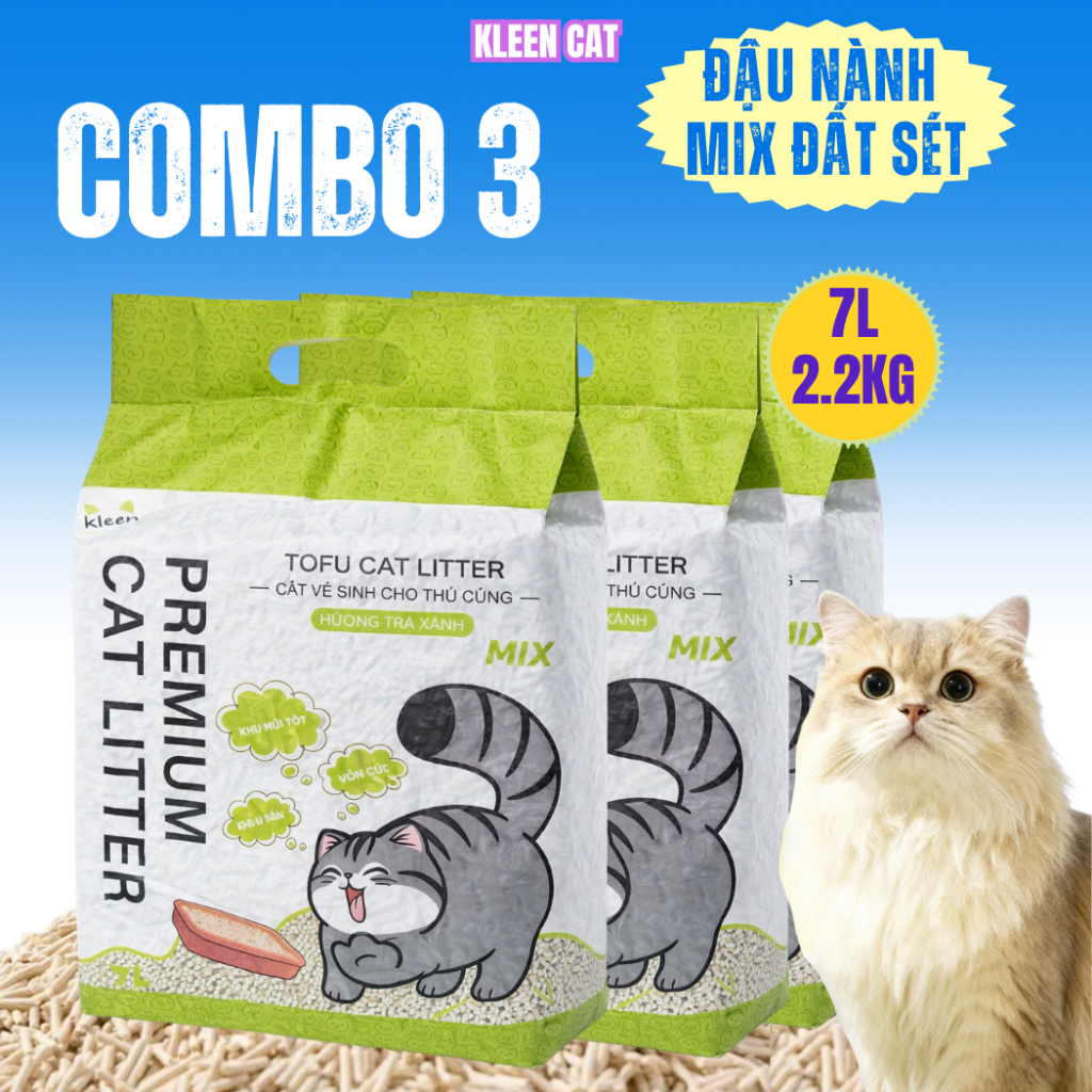 Combo 3 túi Cát Đậu Nành Mix Đất Sét Kleen Cat 7L Tan Trong Nước, Xả Bồn Cầu