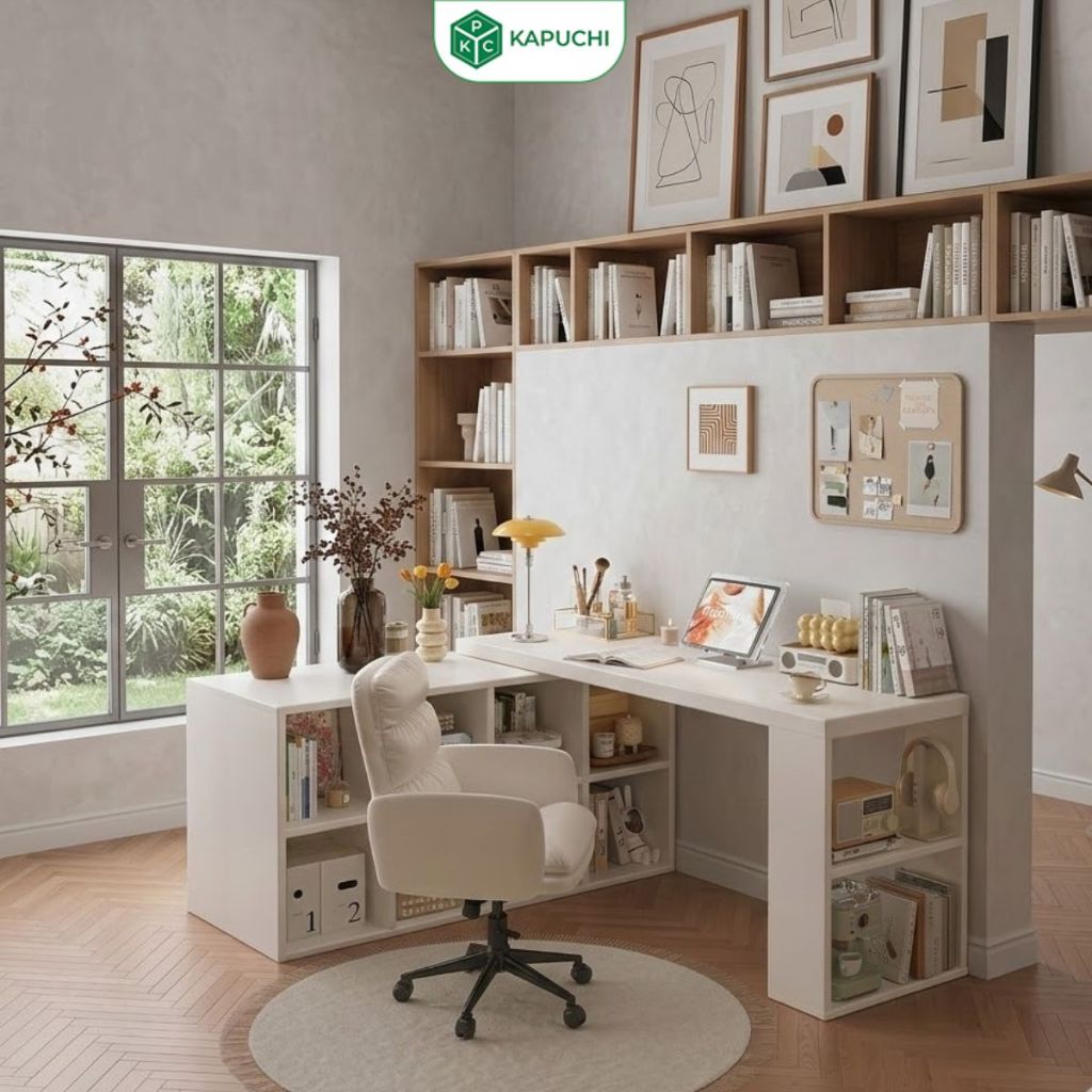 Bàn làm việc kèm kệ để đồ thông minh thiết kế xoay 360 độ  - GP368
