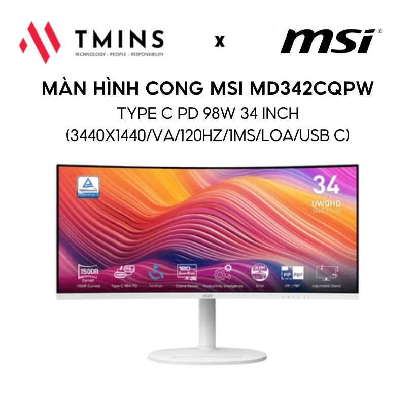 Màn hình cong MSI Modern MD342CQPW  34 inch /3440X1440 /VA /120HZ /1MS /LOA /USB C - Hàng chính hãng