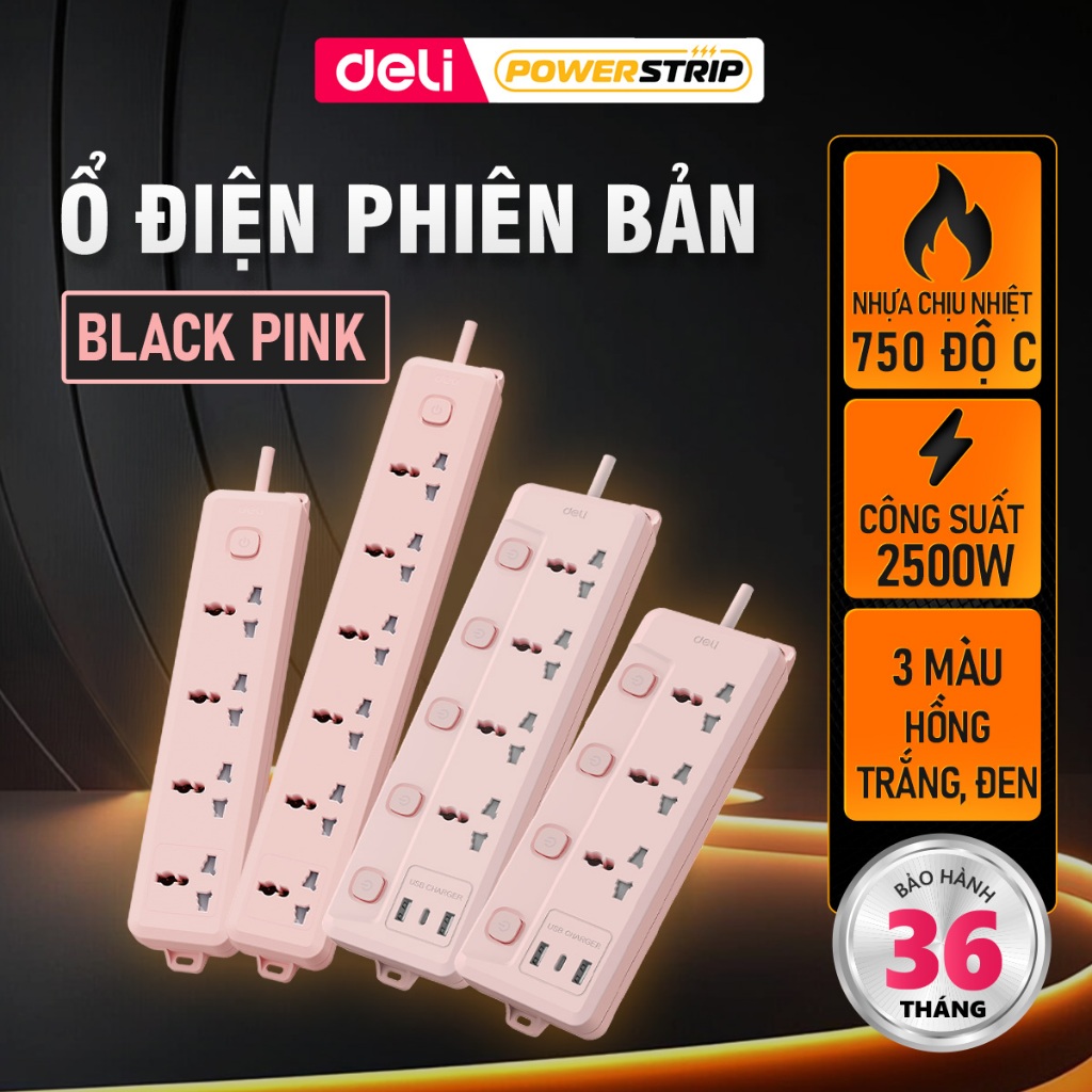 [HOẢ TỐC] Ổ Cắm Điện DELI Công Suất 2500W, Ổ Điện Đa Năng Để Bàn Kết Hợp Cổng USB/ TypeC Sạc Nhanh 20W