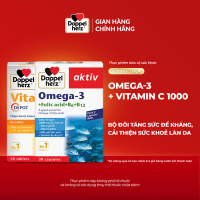 Bộ đôi tăng đề kháng, sáng da, tăng cường sức khỏe não bộ và tim mạch Doppelherz Omega 3 + Doppelherz VitaminC 1000