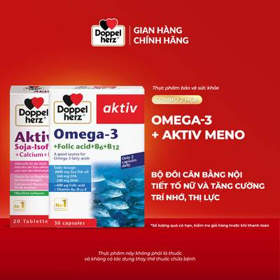 Bộ đôi cân bằng nội tiết tố nữ, tăng cường sức khỏe não bộ và tim mạch Doppelherz Omega 3 + Doppelherz Meno (2 hộp)