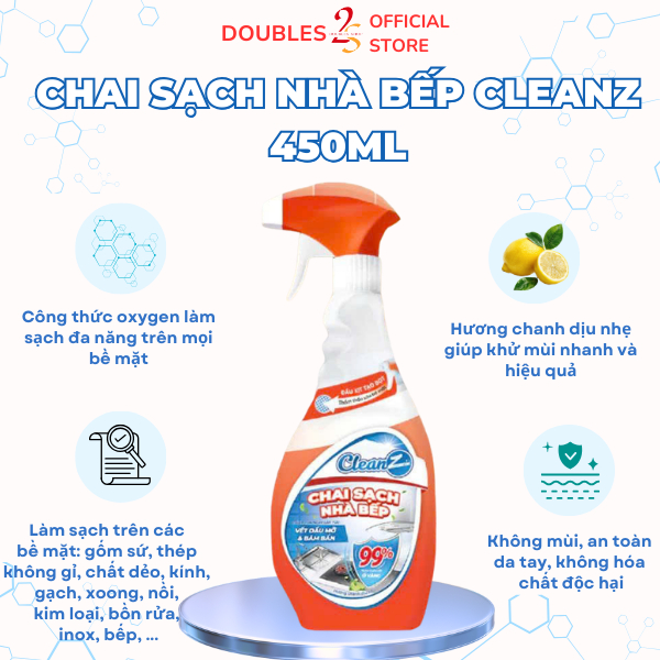 Chai Sạch Nhà Bếp Cleanz Làm Sạch Dầu Mỡ, Vết Ố Vàng Dung Tích 450ml - DOUBLES 2SSHOP
