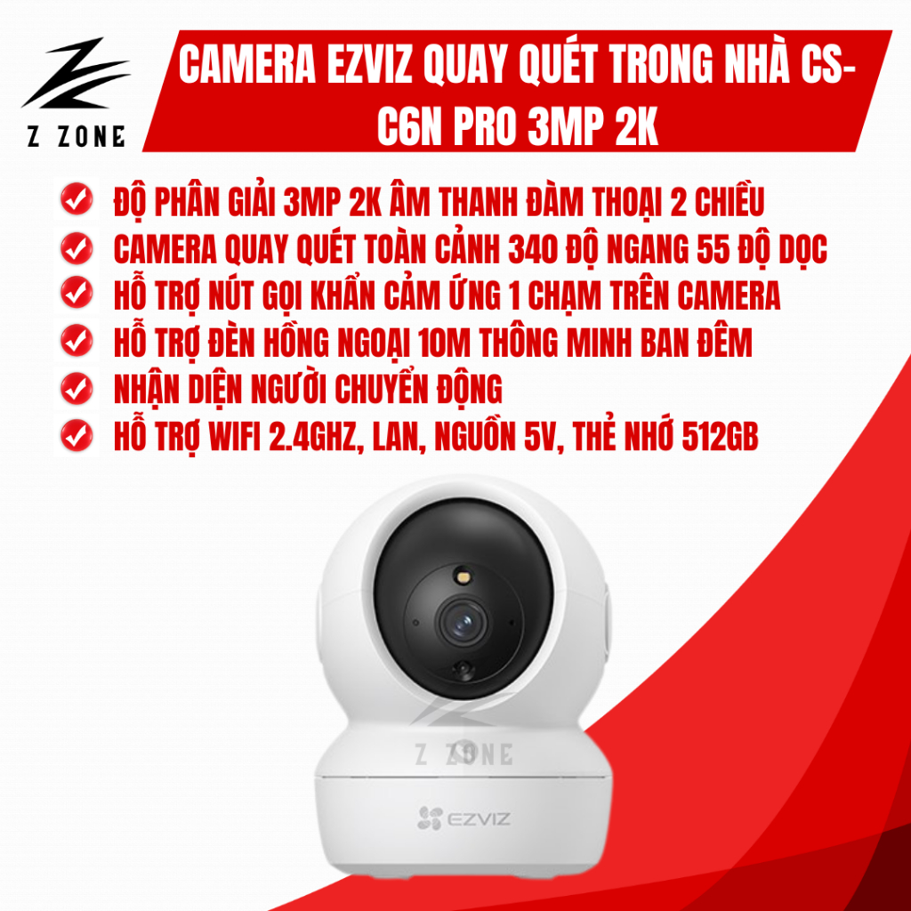 Camera Ezviz C6N Pro 2K 3MP Quay Quét, Wifi, Đàm Thoại 2 Chiều