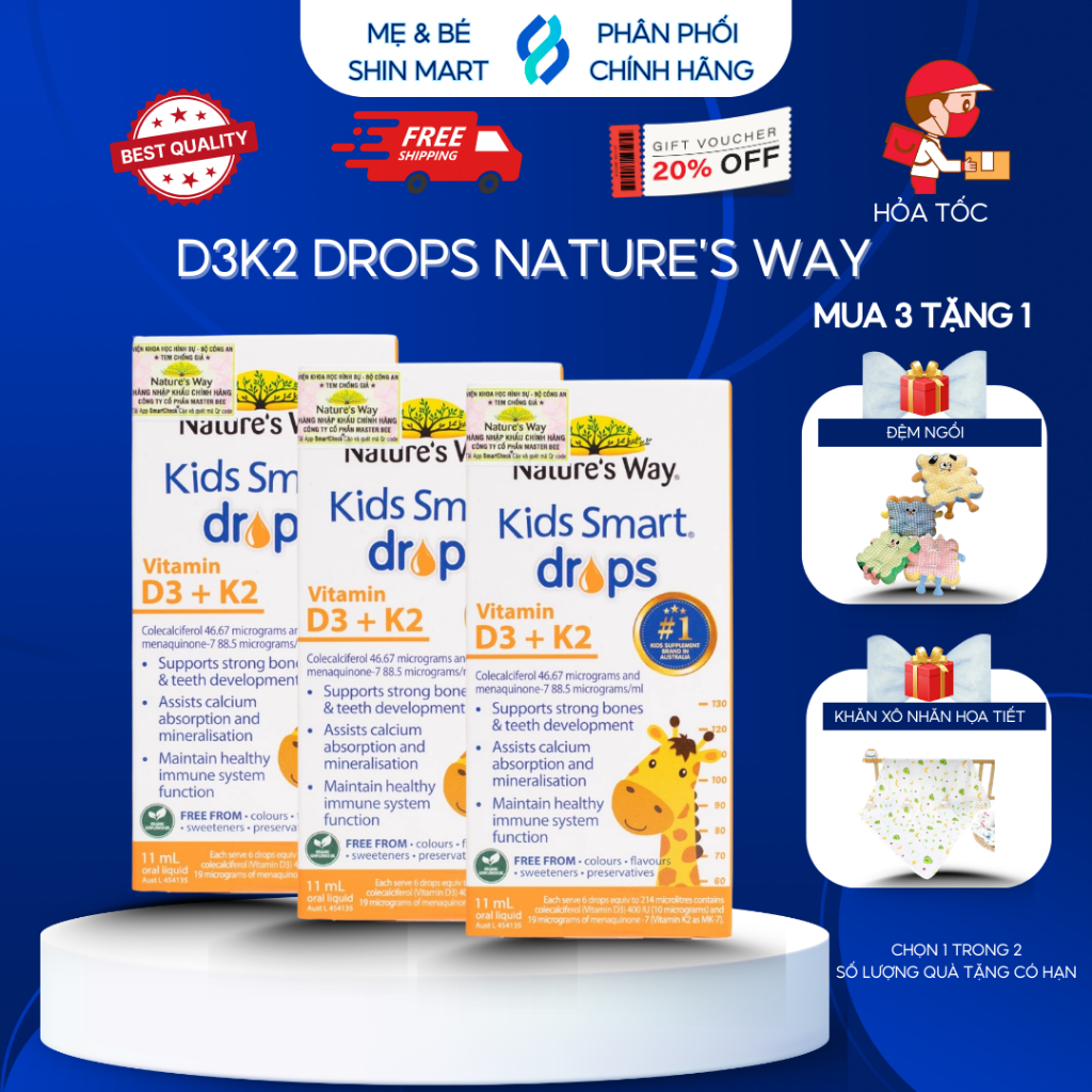 (combo 3) D3 K2 Nature's Way Kids Smart Drops 11ml Úc – Vitamin D3K2 Nhỏ Giọt Cho Bé Từ 0M+, Hỗ Trợ 
