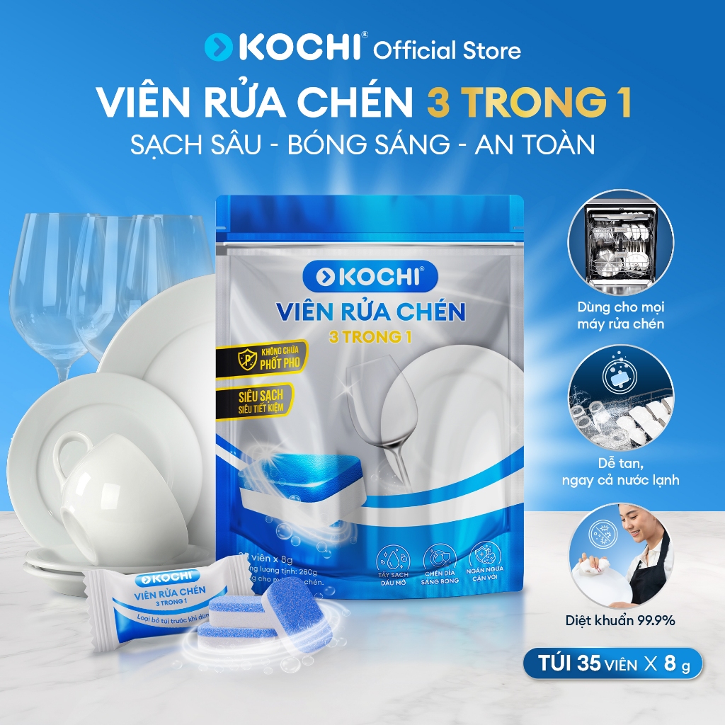 Viên rửa chén bát sinh học KOCHI 3-in-1 - Túi 35 viên nén 8g - Diệt khuẩn 99.9% - An toàn - Sạch Sâu