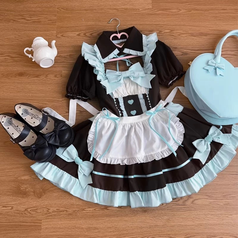 Anime Nhật Bản Gothic Lolita ngọt ngào Apron Bow Maid Dress 2025 Bộ tiệc phụ nữ cô gái Puff tay áo d