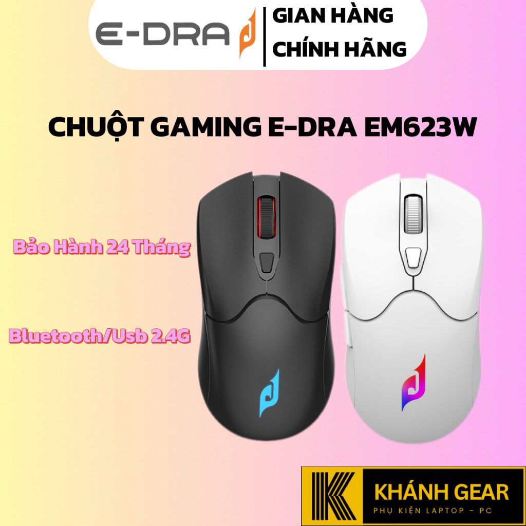 Chuột Không dây Gaming E-DRA EM623W Trắng/Đen (Wireless 2.4Ghz + Bluetooth)