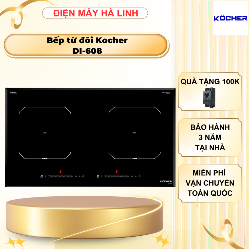 Bếp từ đôi Kocher DI-608, DI-628, Công suất 4400W, Mâm từ IGBT, Nhập khẩu Malaysia, BH 3 năm