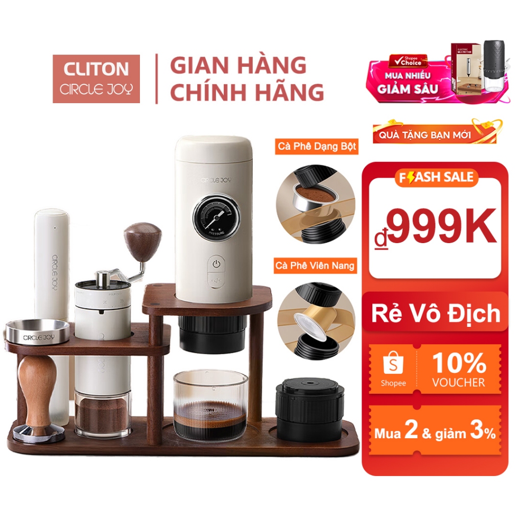 Cliton Máy pha cà phê Espresso cầm tay có giá đỡ + Máy xay hạt cà phê + Máy tạo bọt sữa điện
