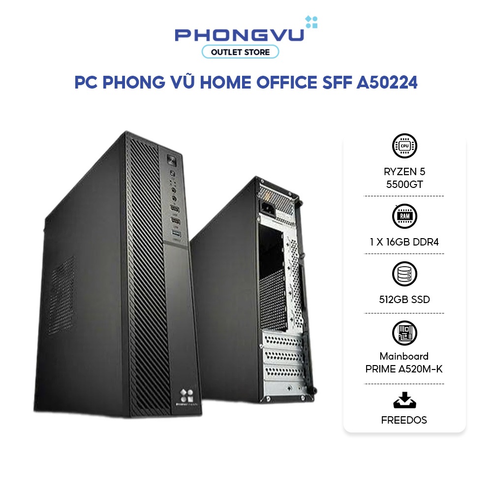 PC văn phòng Phong Vũ SFF A50224 (AMD Ryzen 5 5500GT/ 1 x 16GB/ 512GB SSD) - Bảo hành 36 tháng