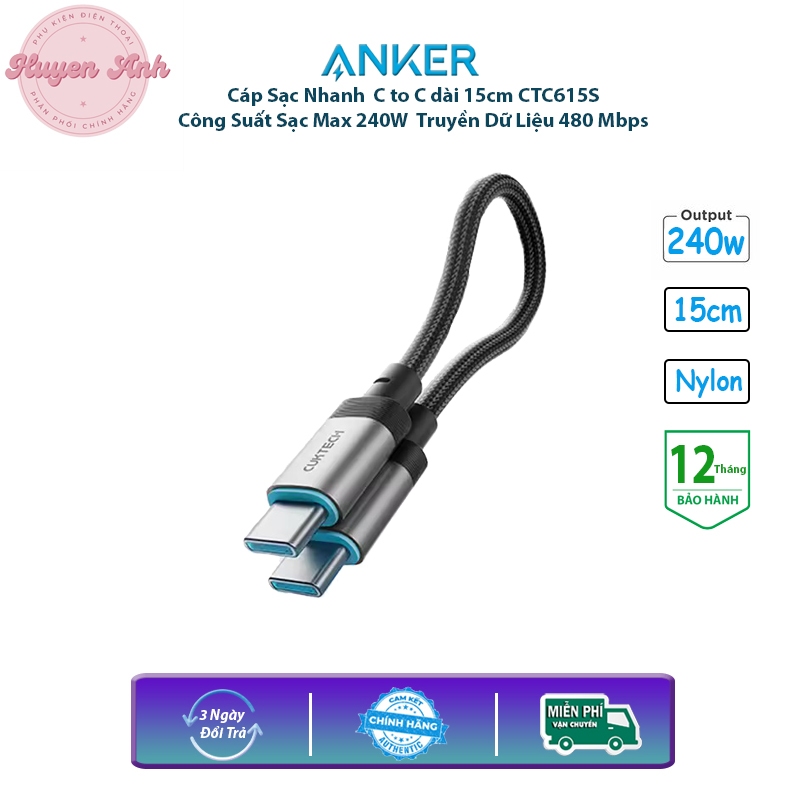 Cáp Sạc Nhanh Type-C to Type-C Cuktech 6A 15cm 240W CTC615S - Hàng chính hãng