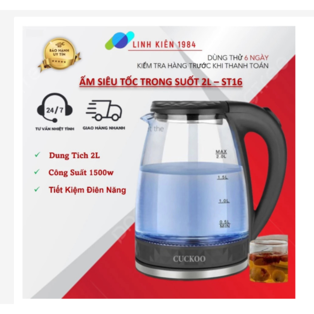 Ấm đun siêu tốc thuỷ tinh ST16 Ấm Siêu Tốc Thủy Tinh CucKoo công suất 1500W, bình đun nước siêu tốc
