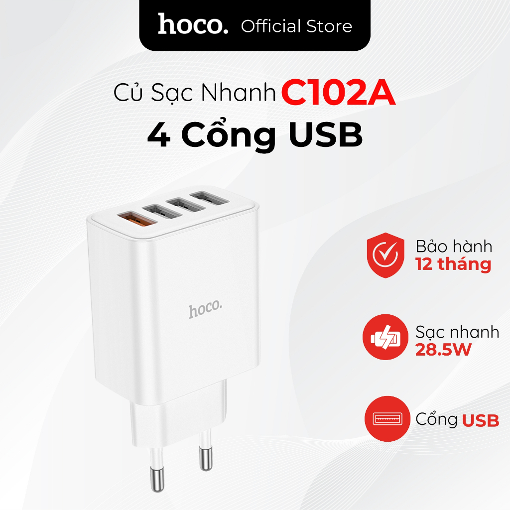 Củ Sạc Nhanh 4 Cổng USB Hoco C102A 28.5W - Hỗ Trợ QC3.0, AFC, FCP Cho Samsung, Oppo, Xiaomi - Hàng C