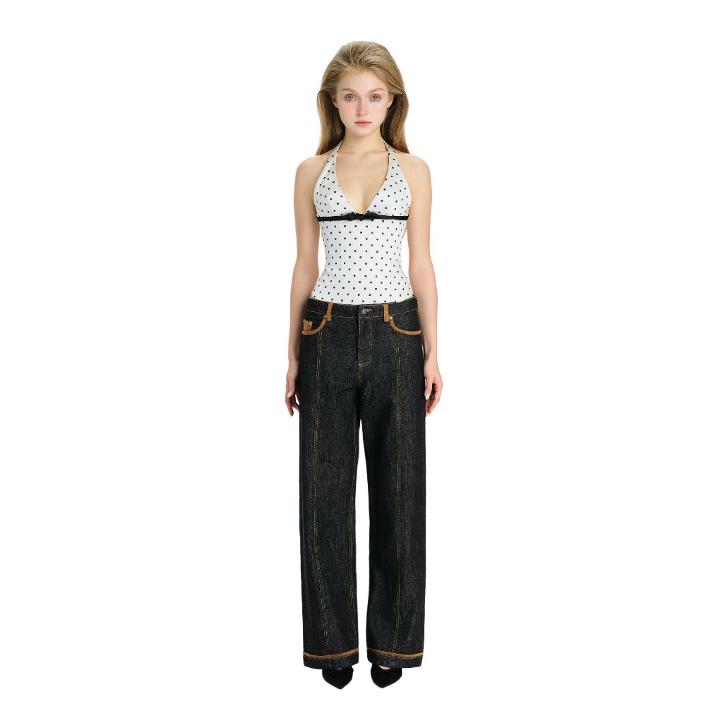 LSOUL Áo Corset Cổ Yếm Chấm Bi Phối Nơ Lio Top + Quần Jeans Nữ Ống Rộng Phối Chỉ Nổi Ezzo Pants A260