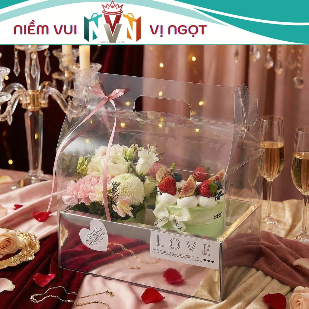 Hộp Vali 2 Ngăn Chữ Love, Hộp Nhựa Trong Quai Xách Đựng Hoa & Bánh, Hộp Quà tặng, 14/2, 8/3, 20/10. 20/11 - VALI BẠC - CAO