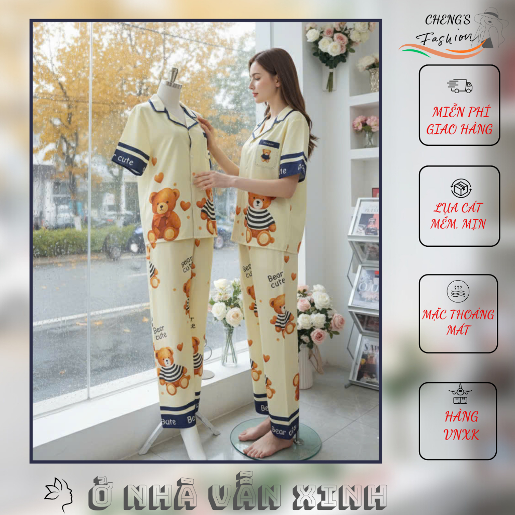 pjama mặc nhà lụa cát nữ, Đồ Bộ Pijama Mặc Nhà Thoải Mái, Kiểu Dáng Tiểu Thư, Chất Vải Mềm Mại. Mặc 