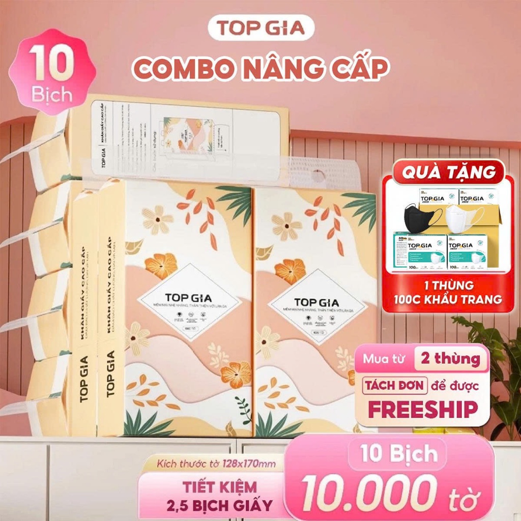 (COMBO SỨC KHỎE) Thùng 10 bịch rút đáy tiểu hạ Top Gia 1000 tờ tặng 1 thùng 100 chiếc khẩu trang cao